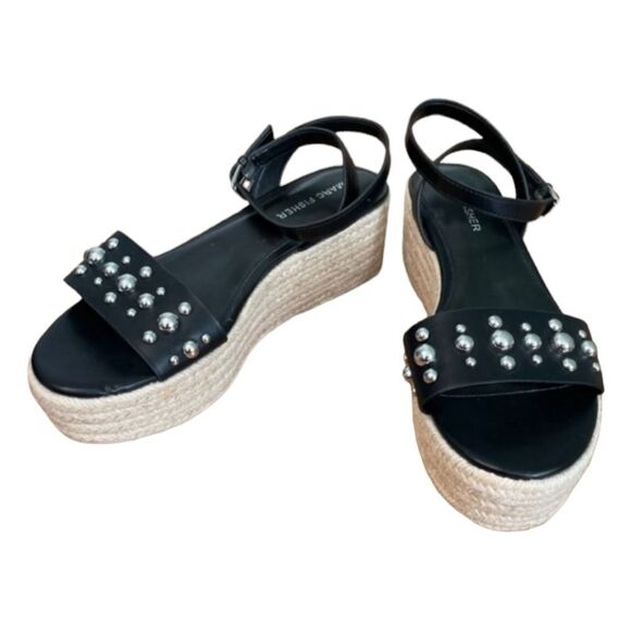 Marc Fisher Joyce Platform Espadrille Sandals Black Vegan Leather Silver Stud An - Picture 5 of 10